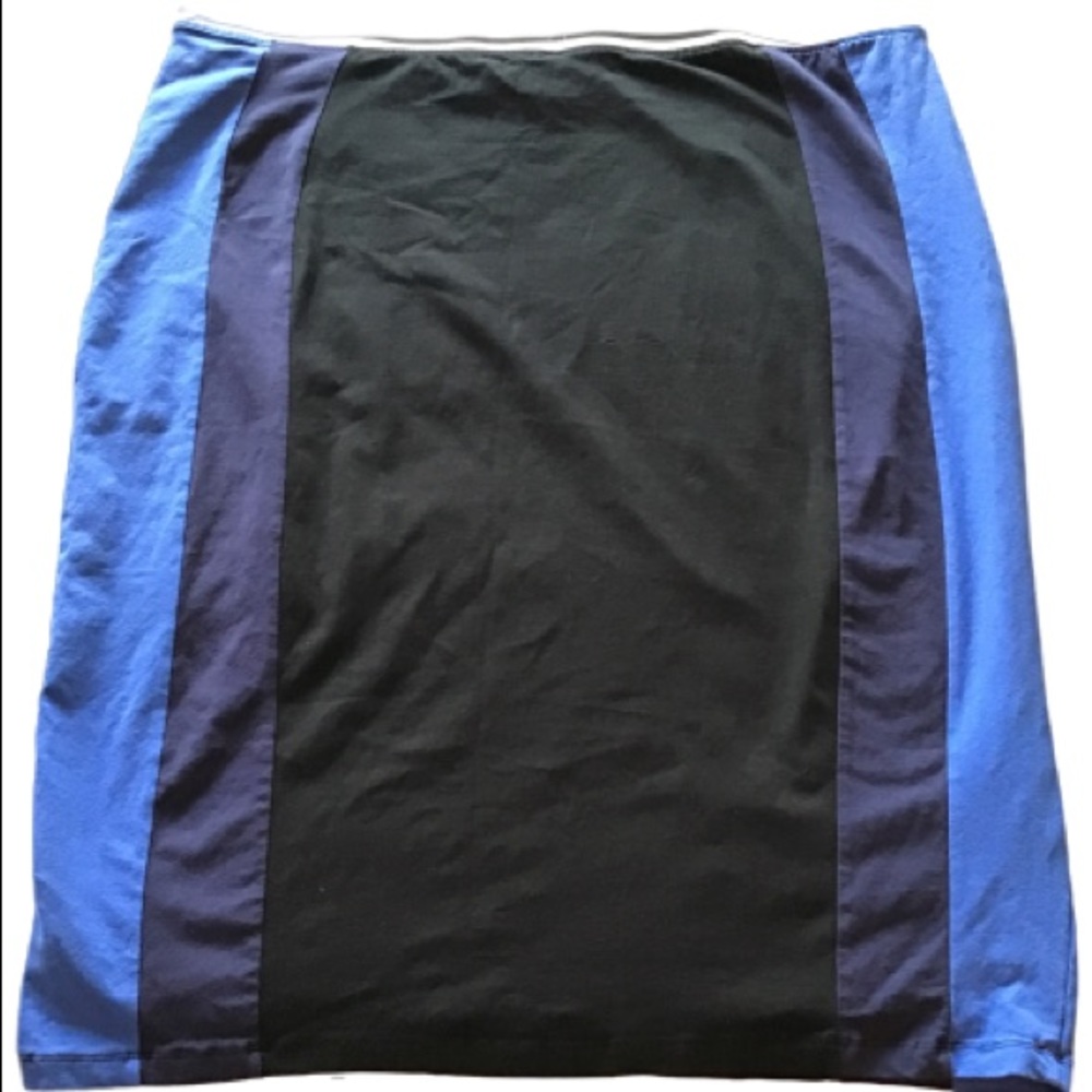 Midi black skirt w/ cobalt blue & navy side stripe